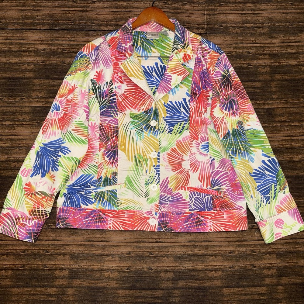Chicos Sz 3 Colorful Blazer Palm Leaves Button Front Stretch Tropical Jacket